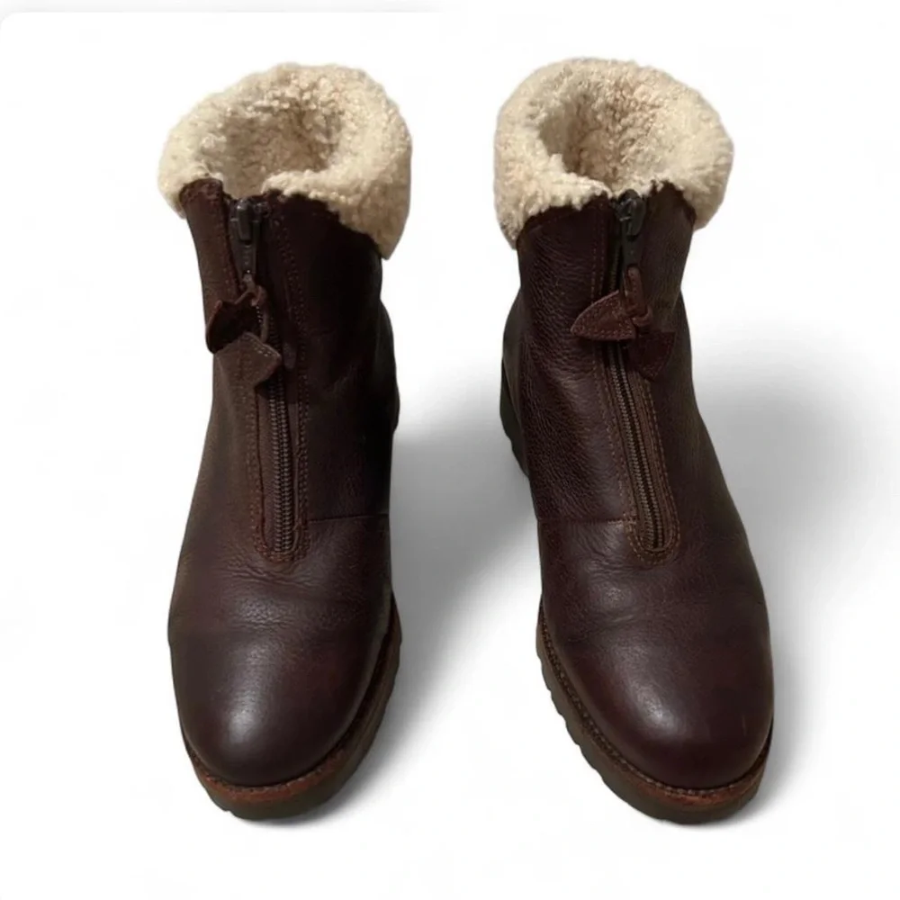 Vtg Cole Haan Shelley Sz 7 Brown Pebbled Leather Fur Lined Front Zip Booties